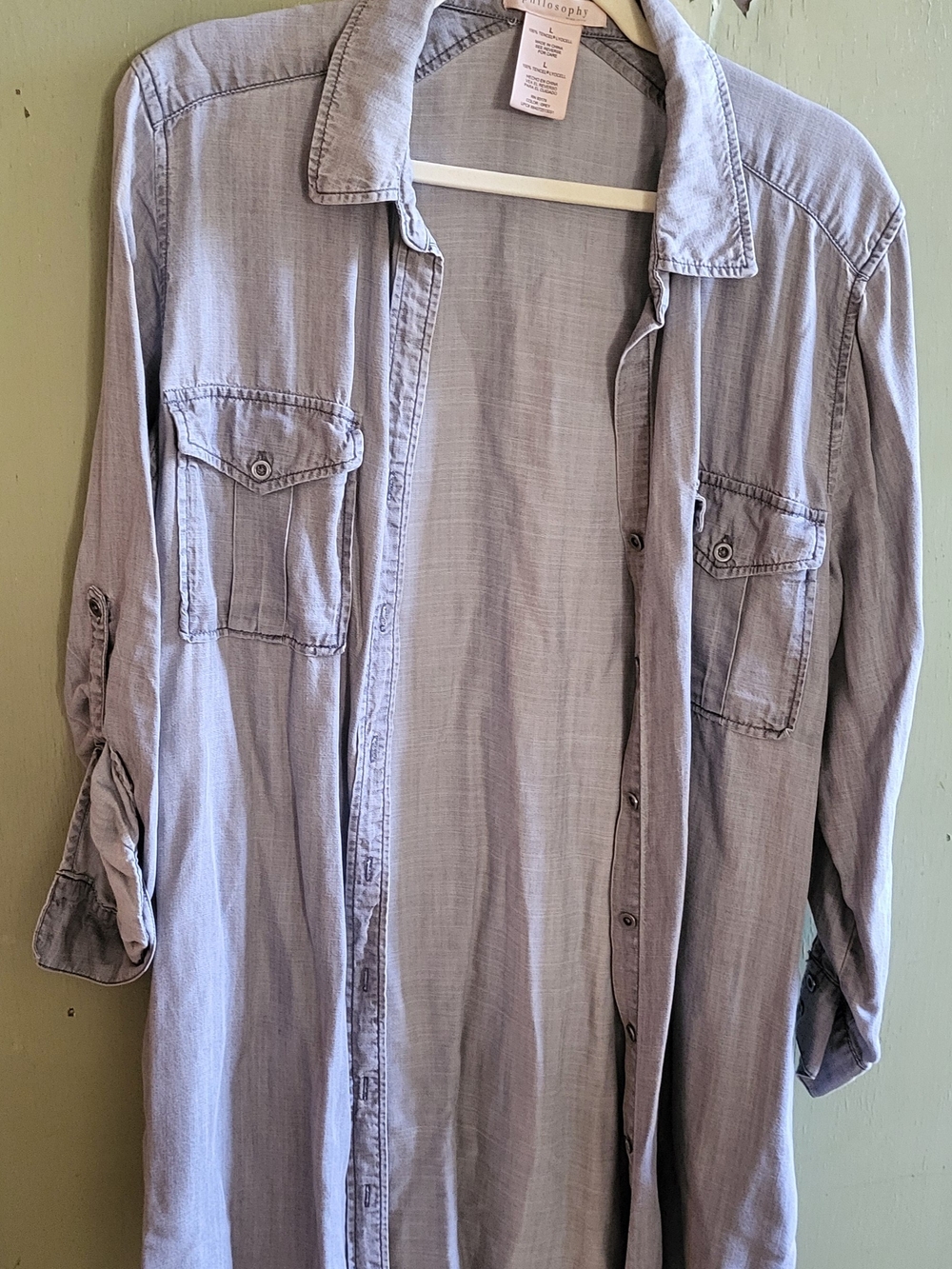 Philosophy 100% Tencel Lyocell Gray Roll-Tab Sleeve Button Down Tunic - L